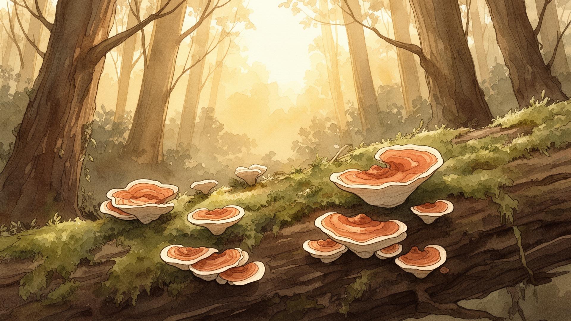 Turkey tail mushrooms growing on a forest log